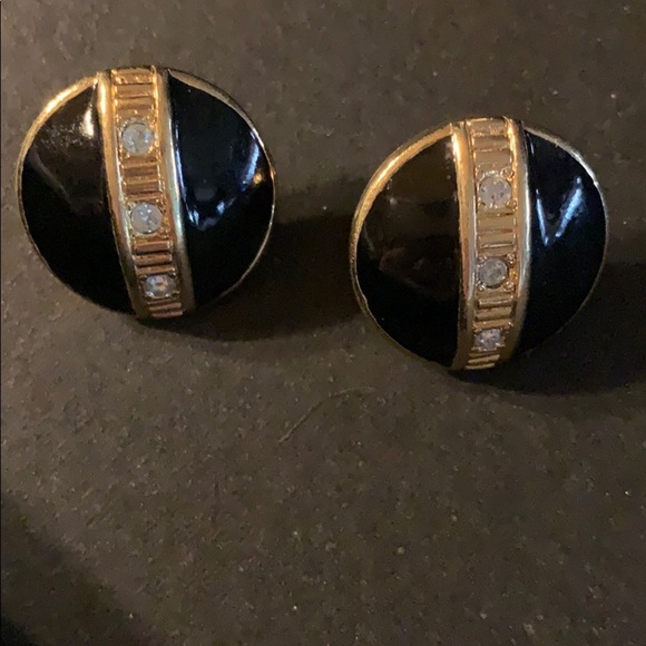 Enamel Black, Gold, and Rhinestone Post Earrings - Picture 3 of 6